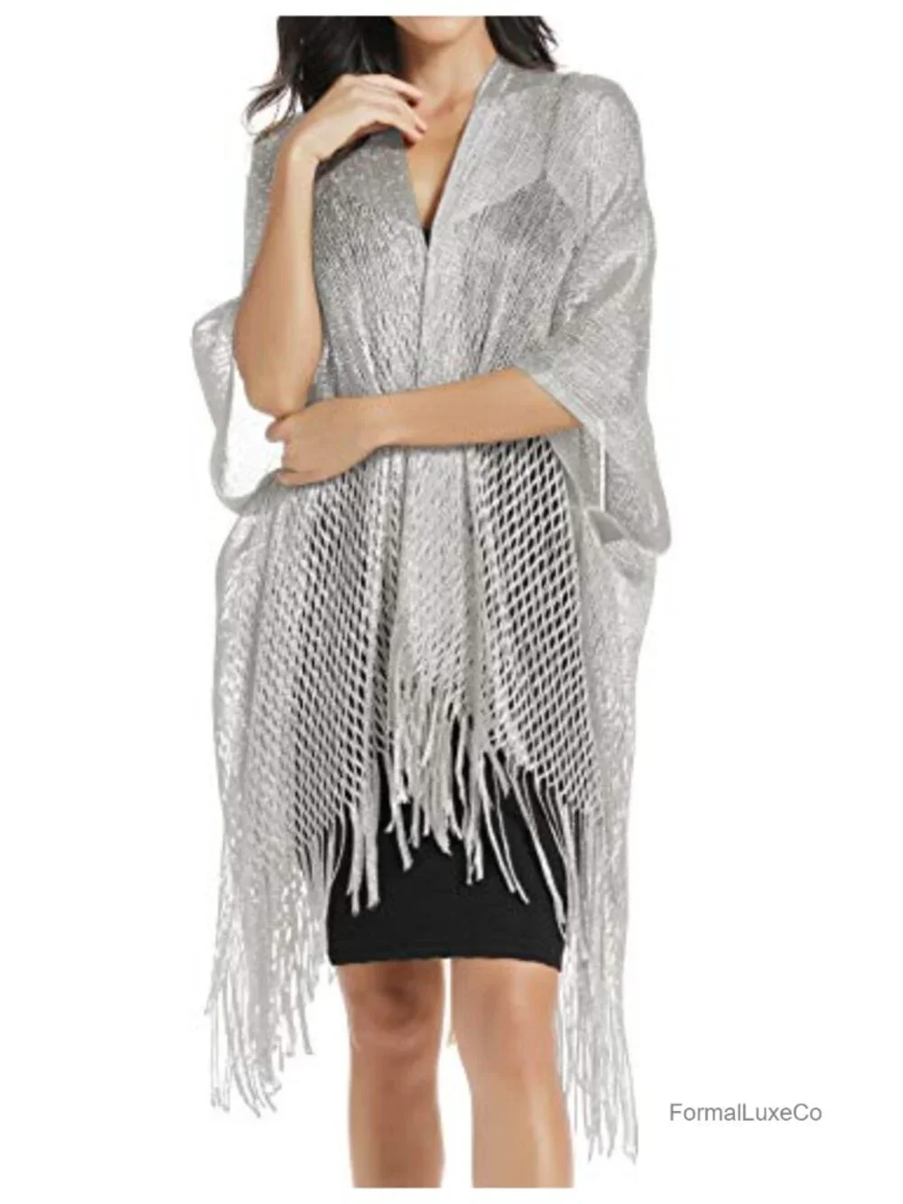 Sequin Shimmer Metallic Fringe Cape Wrap Evening Shawl Cardigan Formal Wedding